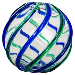 Archimede Seguso Murano Appliqué Glas Vase Blau und Grün Wirbel