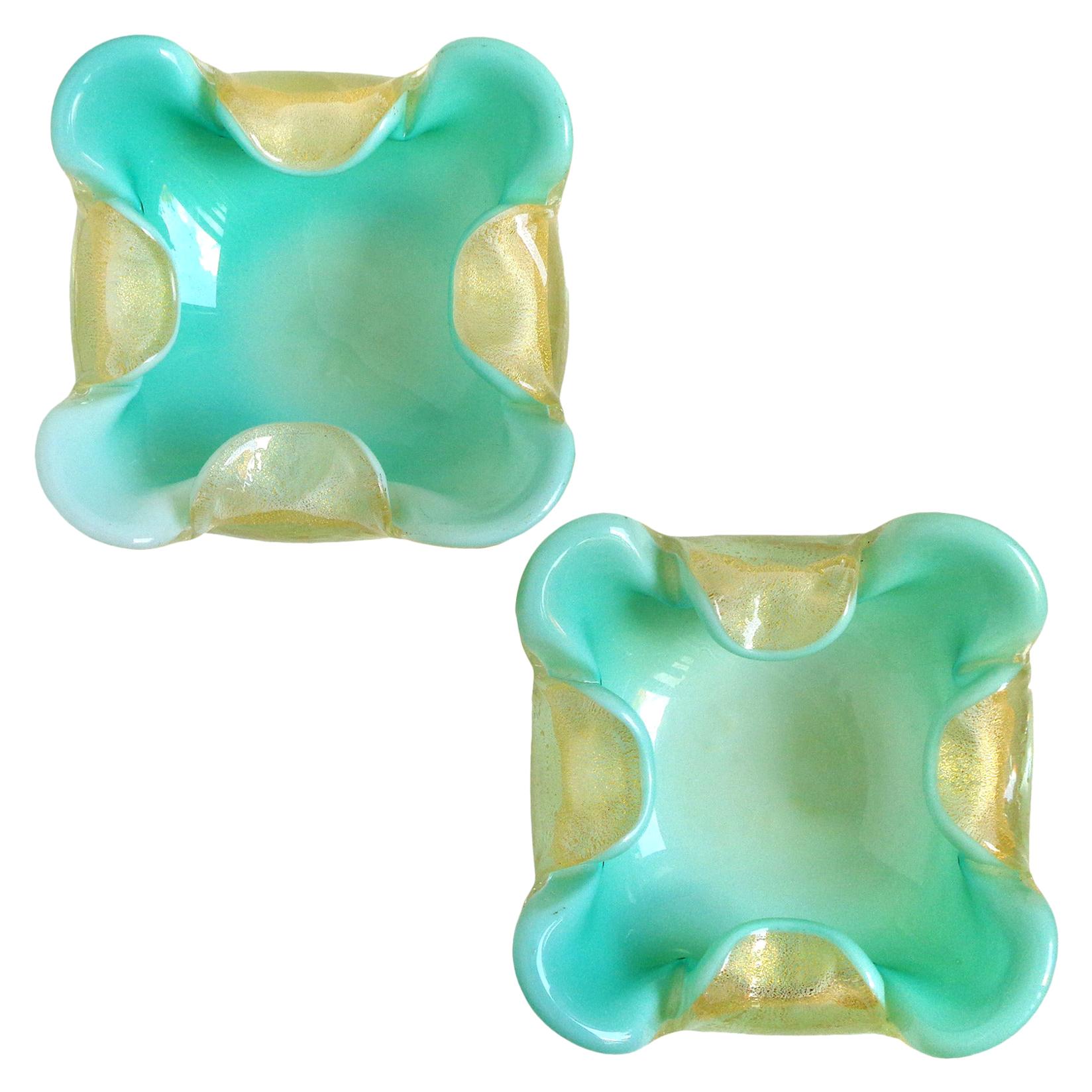 Archimede Seguso Murano Aqua Gold Flecks Italian Art Glass Bowl Dish Set