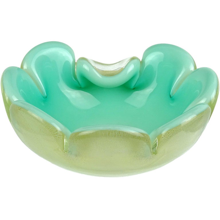 Archimede Seguso Murano Aqua Gold Flecks Italian Art Glass Flower Bowl