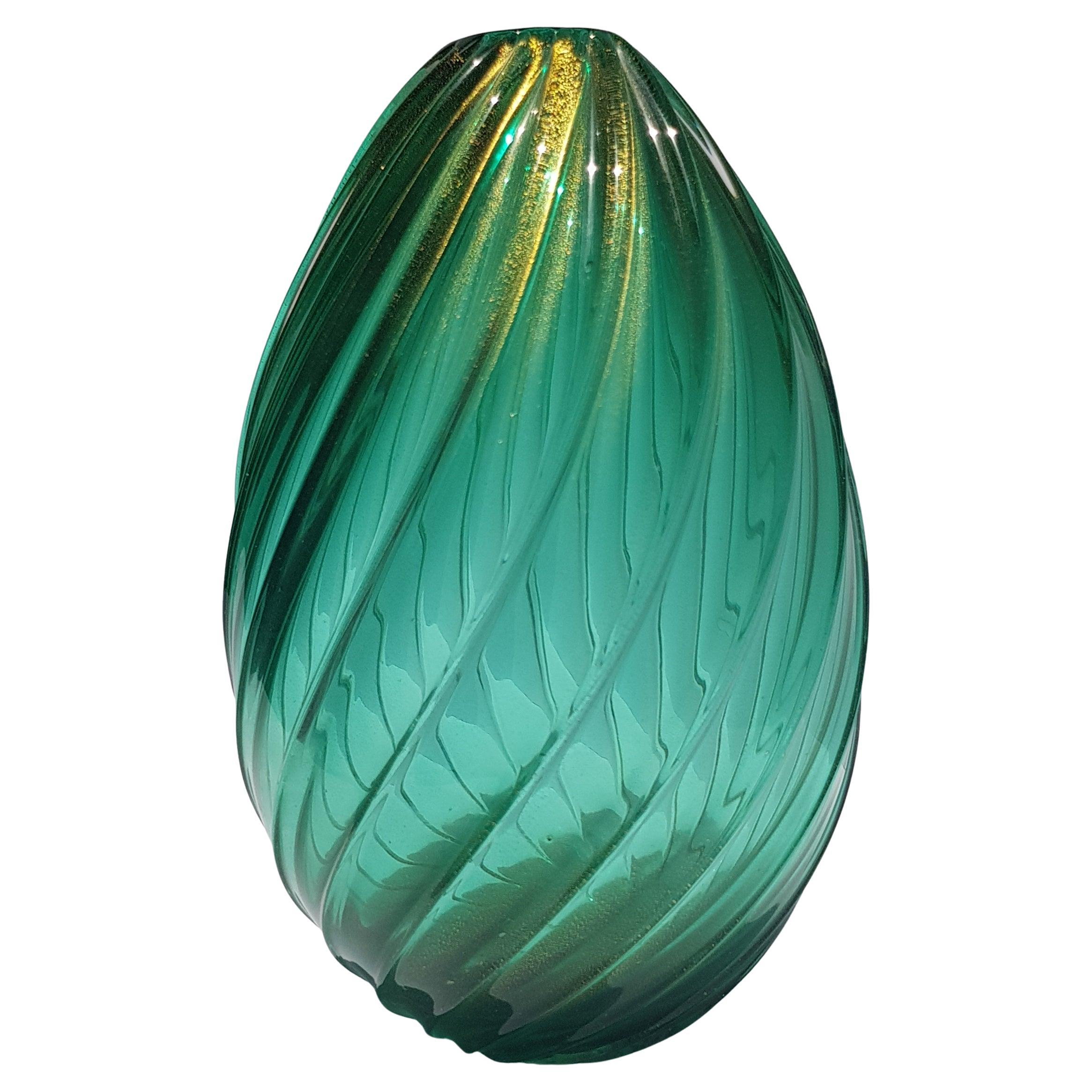 Archimede Seguso Jarrón de cristal artístico de Murano Hoja de oro Aventurina Vidrio veneciano Verde
