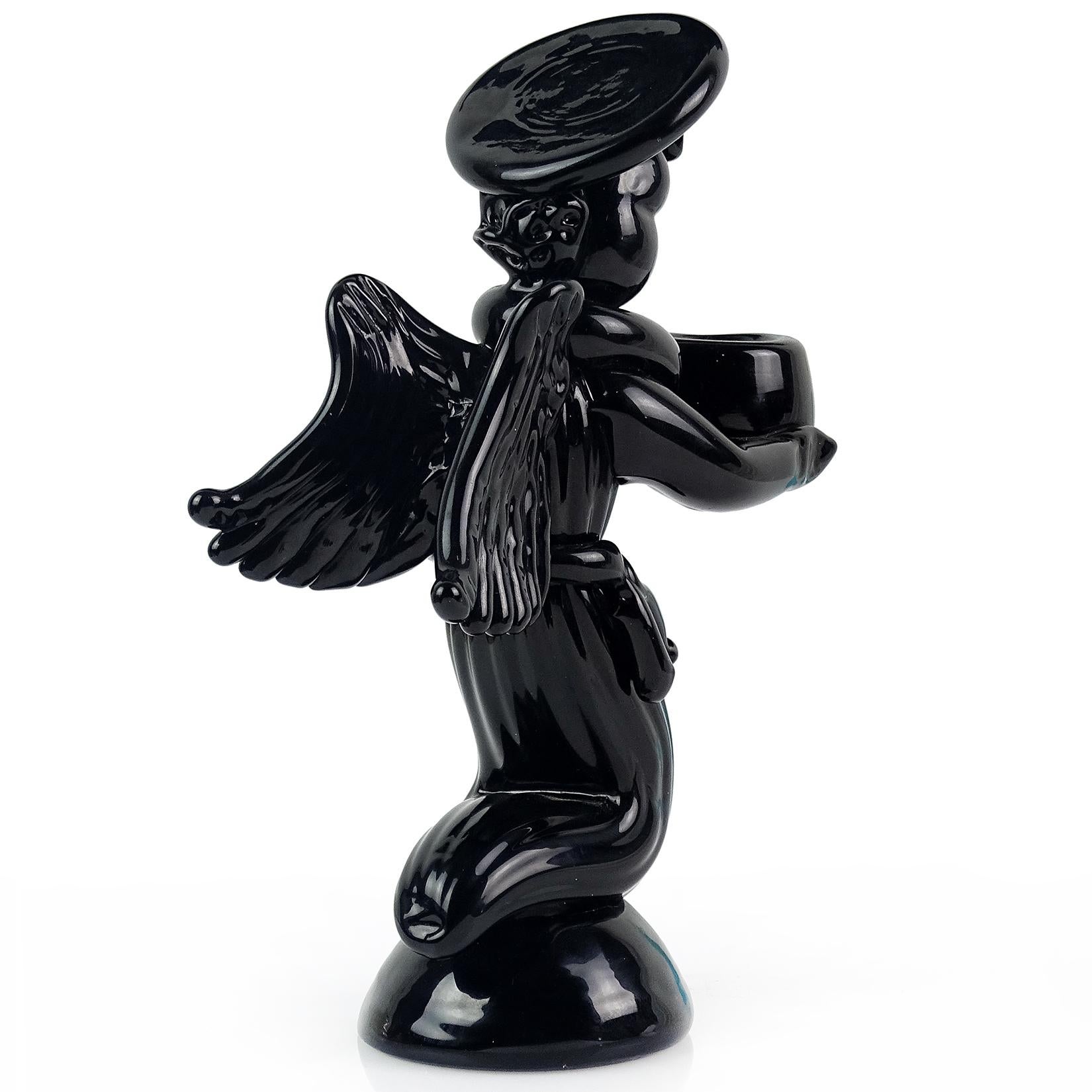 Hand-Crafted Archimede Seguso Murano Black Angel Italian Art Glass Candleholder Sculpture