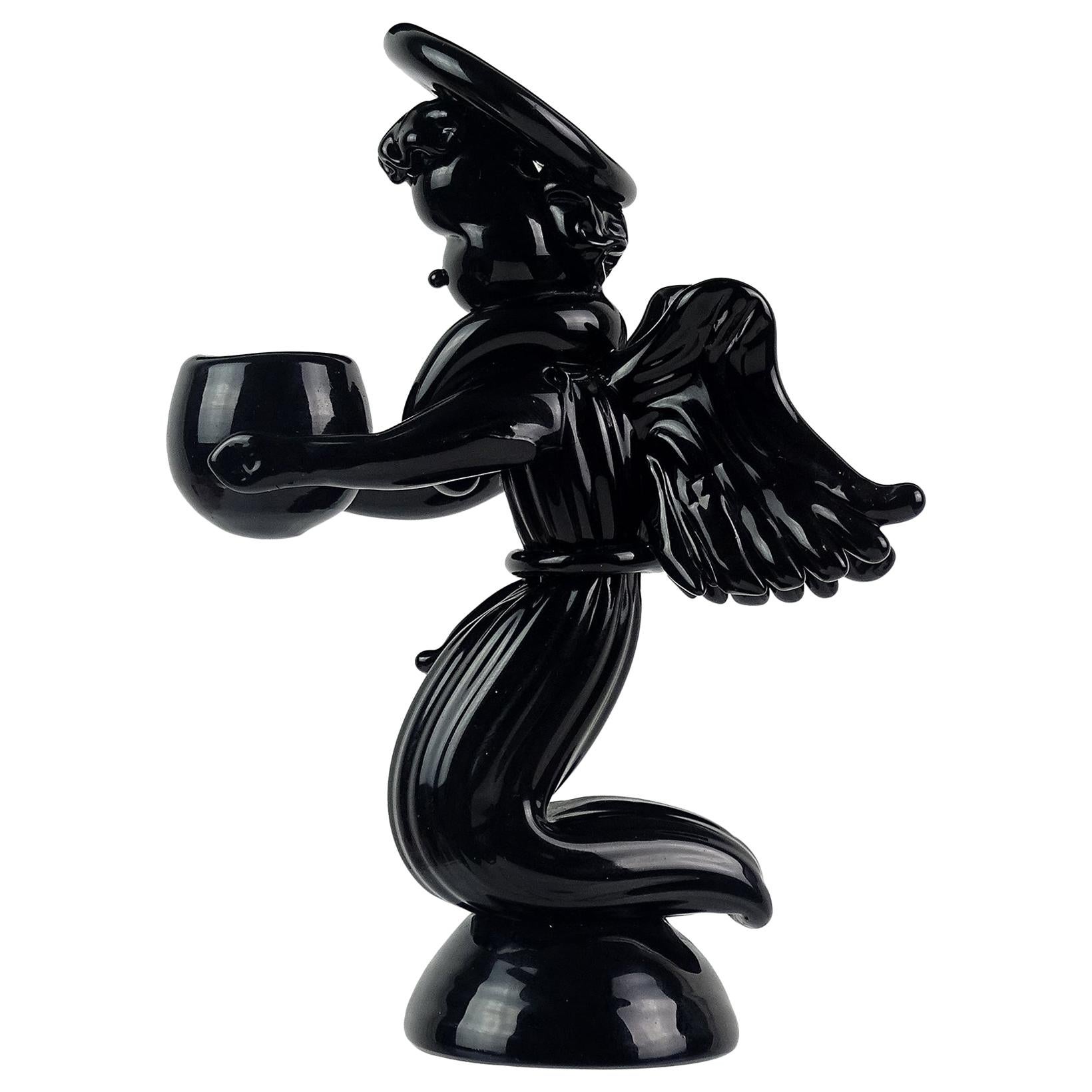 Archimede Seguso Murano Black Angel Italian Art Glass Candleholder Sculpture