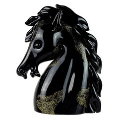 Archimede Seguso Murano Black Gold Flecks Italian Art Glass Horse Head Sculpture