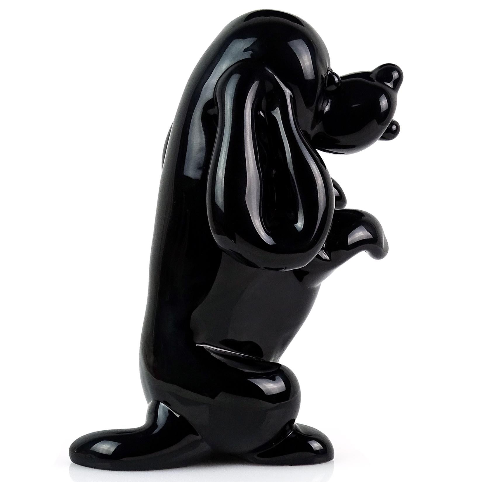 Beautiful vintage Murano hand blown jet black Italian art glass begging puppy dog figure / sculpture. Documented to designer Archimede Seguso, with original 