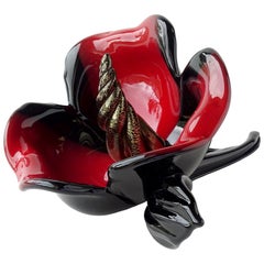 Archimede Seguso Murano Black Red Italian Art Glass Decorative Flower Sculpture
