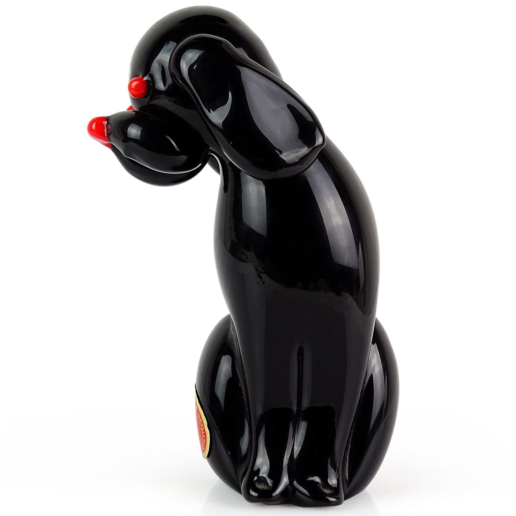 Cute Murano hand blown jet black with red Italian art glass puppy dog figurine / sculpture. Documented to designer Archimede Seguso, with original Murano - Made In Italy label. Nicely details form, with little dots of red accenting its face.