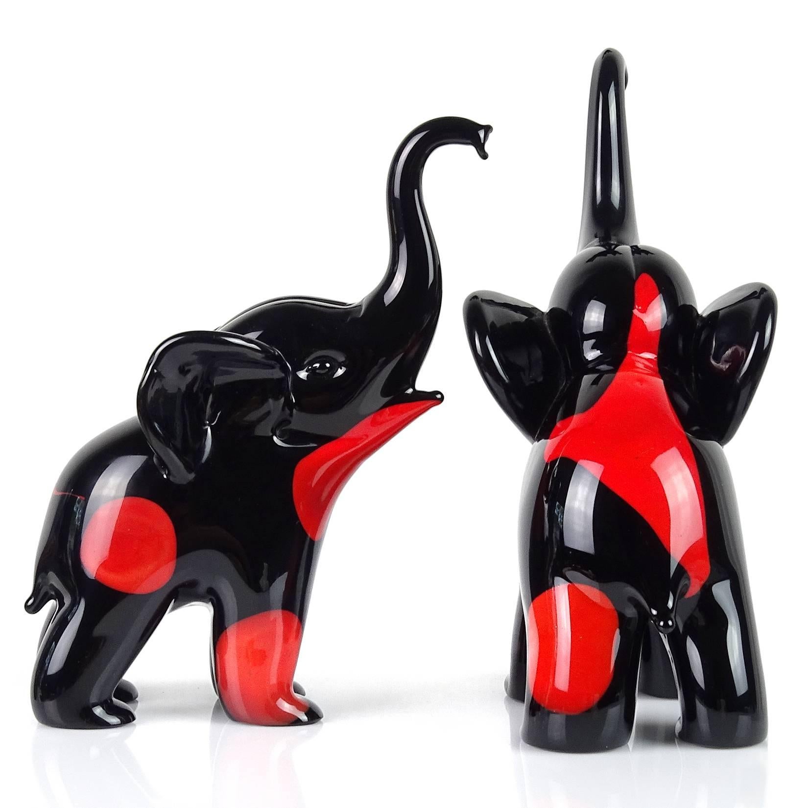 Mid-Century Modern Archimede Seguso Murano Black Red Spots Italian Art Glass Elephant Sculptures