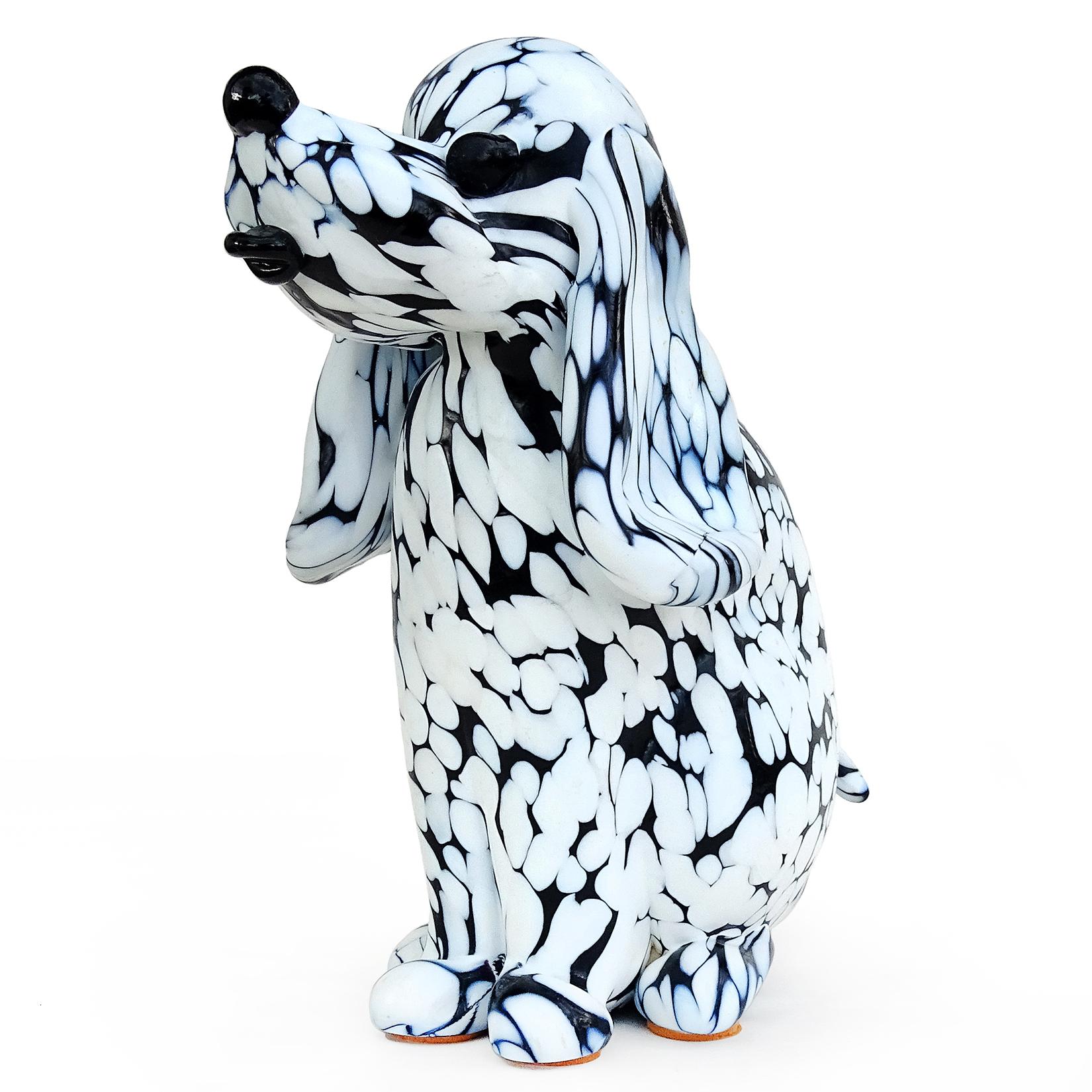 Beautiful, and rare, vintage Murano hand blown black and white spotted Italian art glass puppy dog sculpture. Documented to designer Archimede Seguso, from the 