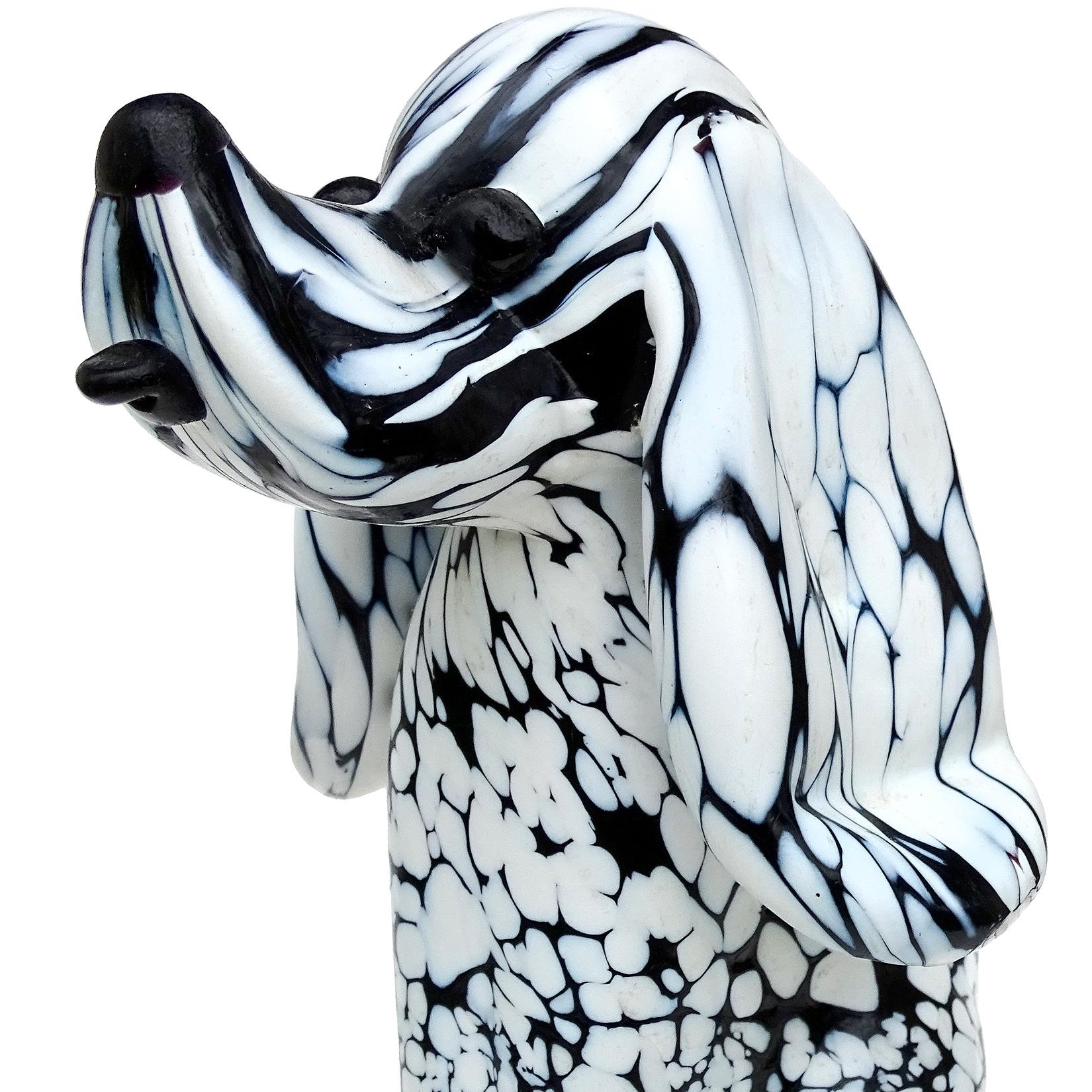 Beautiful, and rare, vintage Murano hand blown black and white spotted Italian art glass puppy dog sculpture. Documented to designer Archimede Seguso, from the 