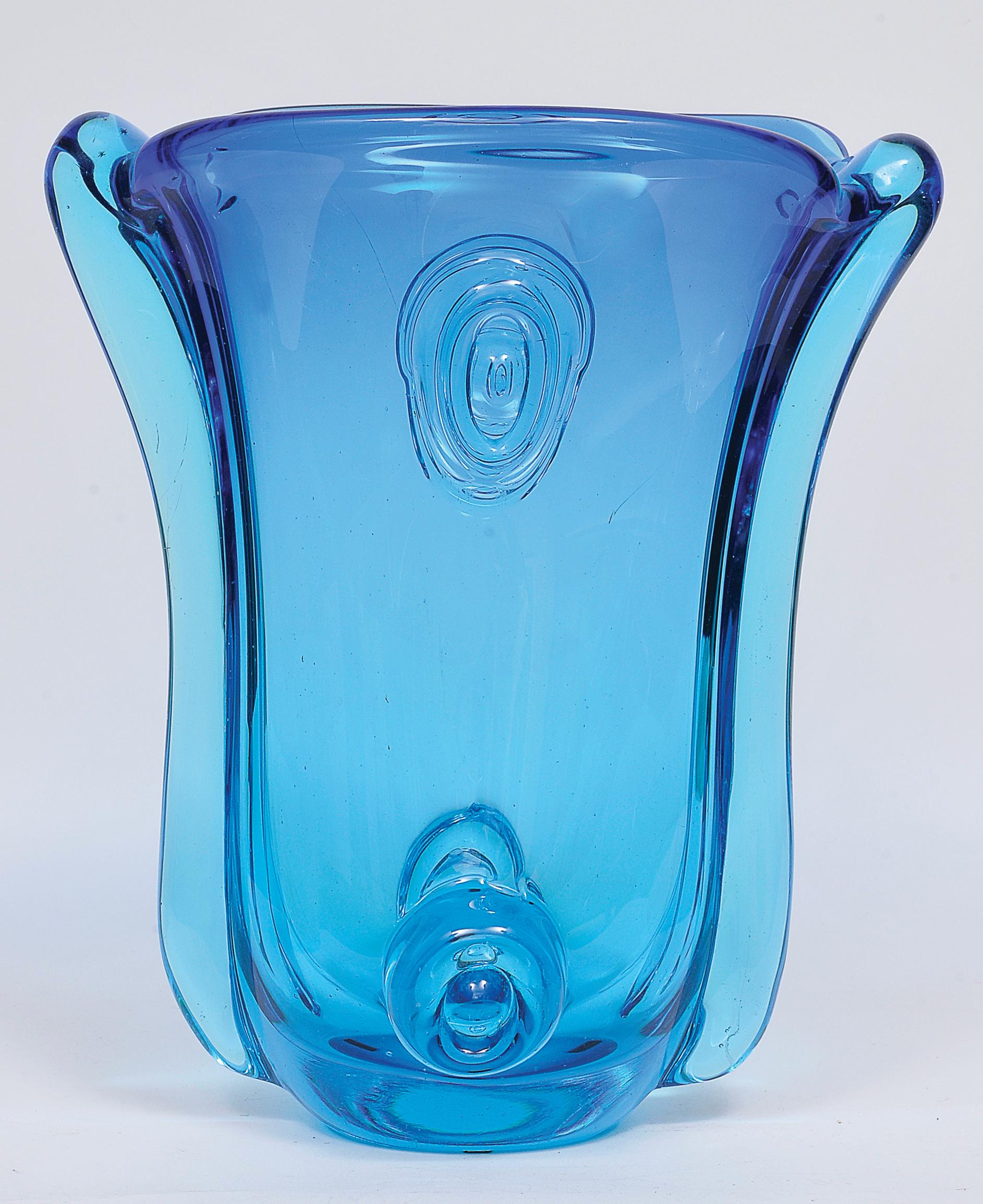 Appliqué Archimede Seguso, Murano, Blue Degrade with Applied Glass Vase, circa 1950 For Sale