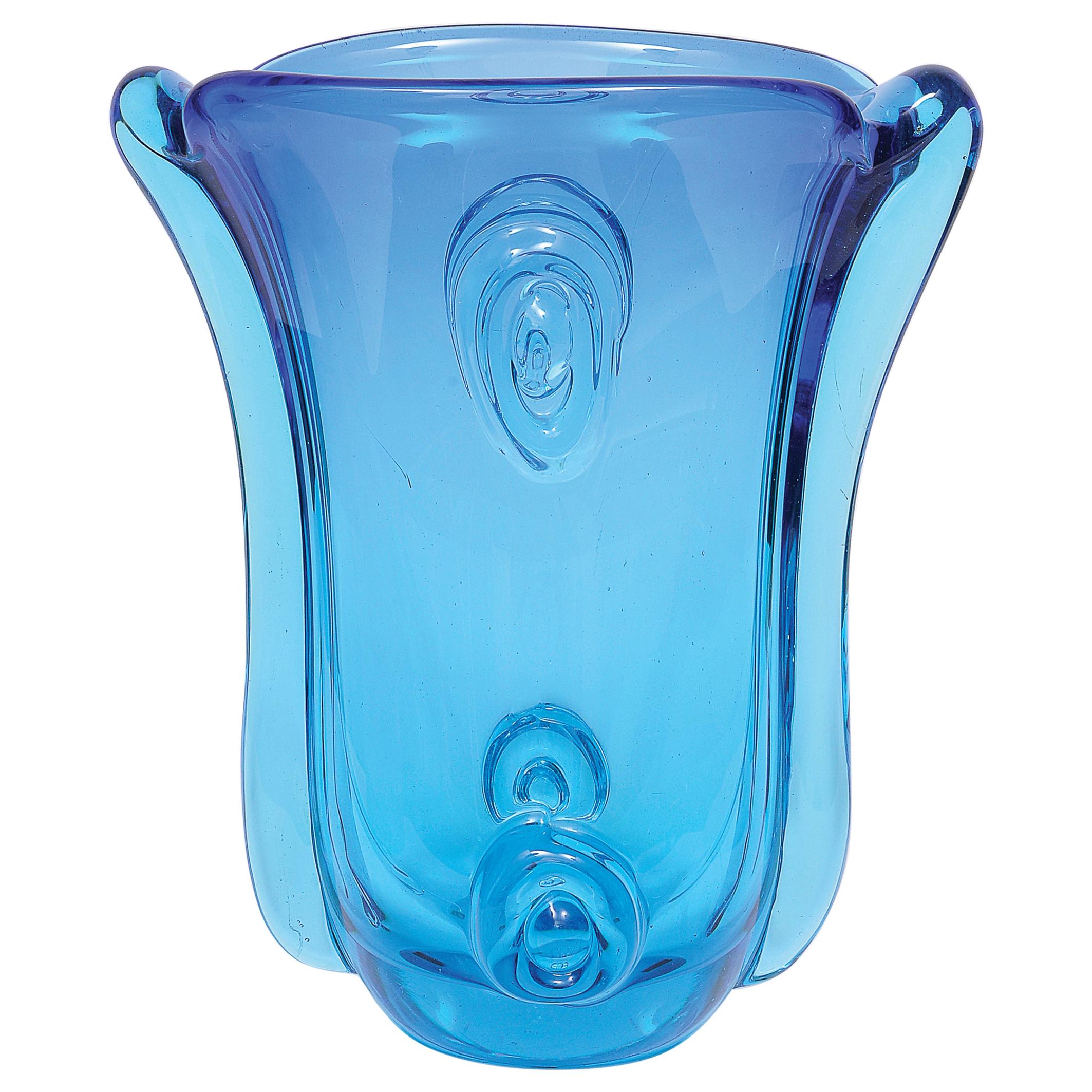 Archimede Seguso, Murano, Blue Degrade with Applied Glass Vase, circa 1950 For Sale