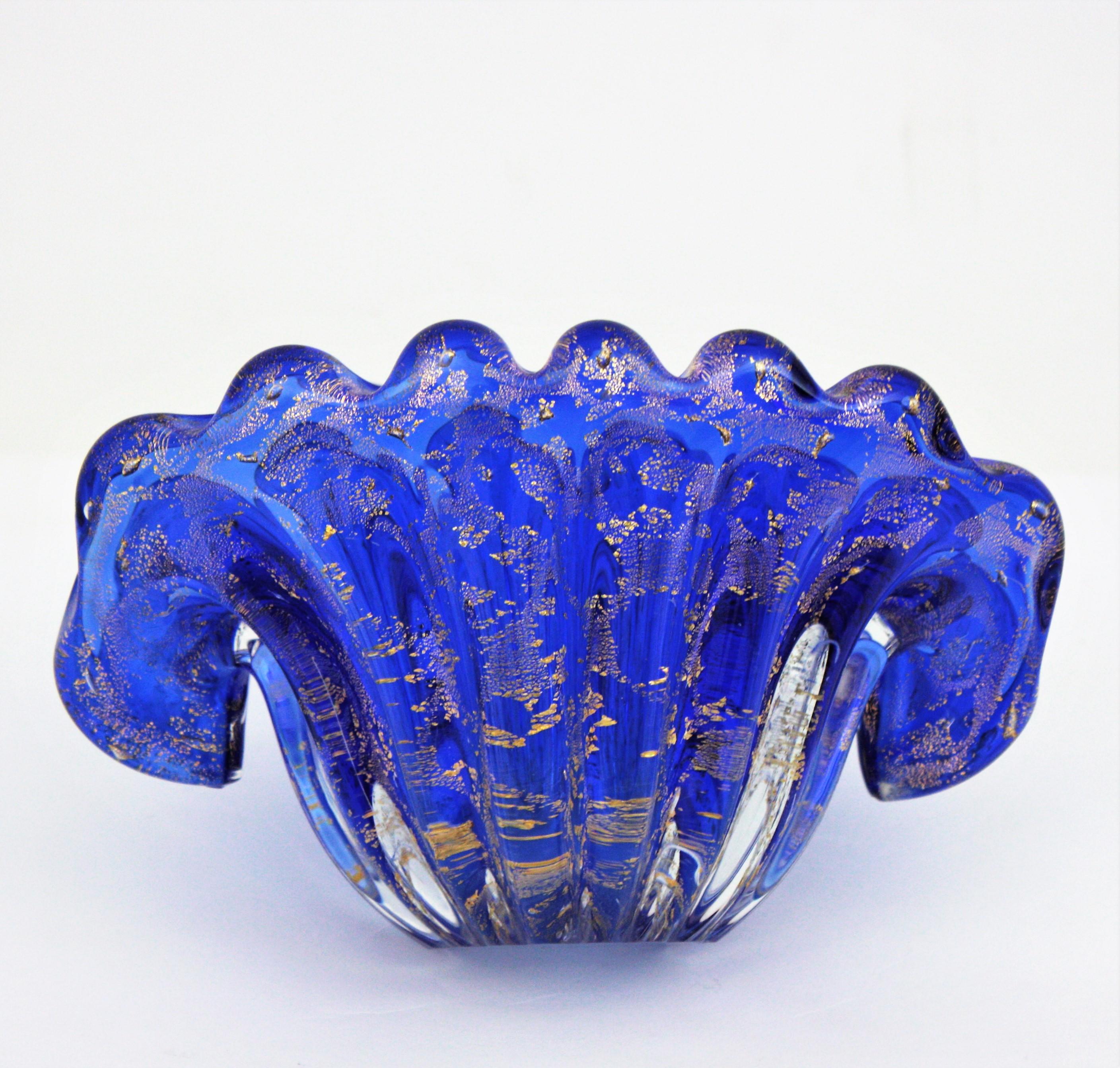 Archimede Seguso Murano Blue Gold Flecks Art Glass Large Clam Shell Bowl For Sale 4