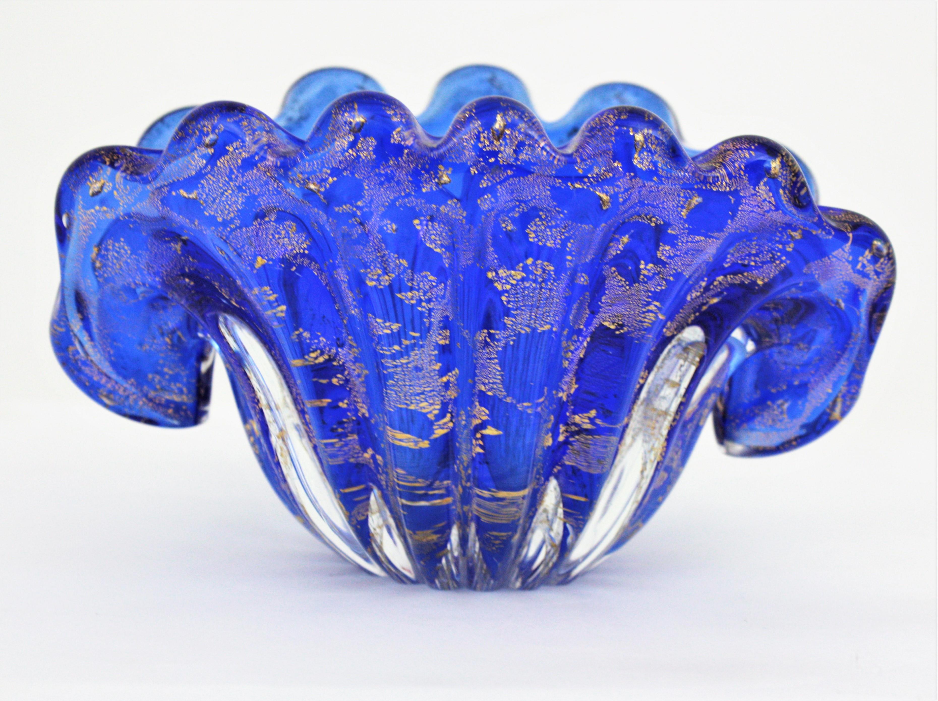 Archimede Seguso Murano Blue Gold Flecks Art Glass Large Clam Shell Bowl For Sale 6