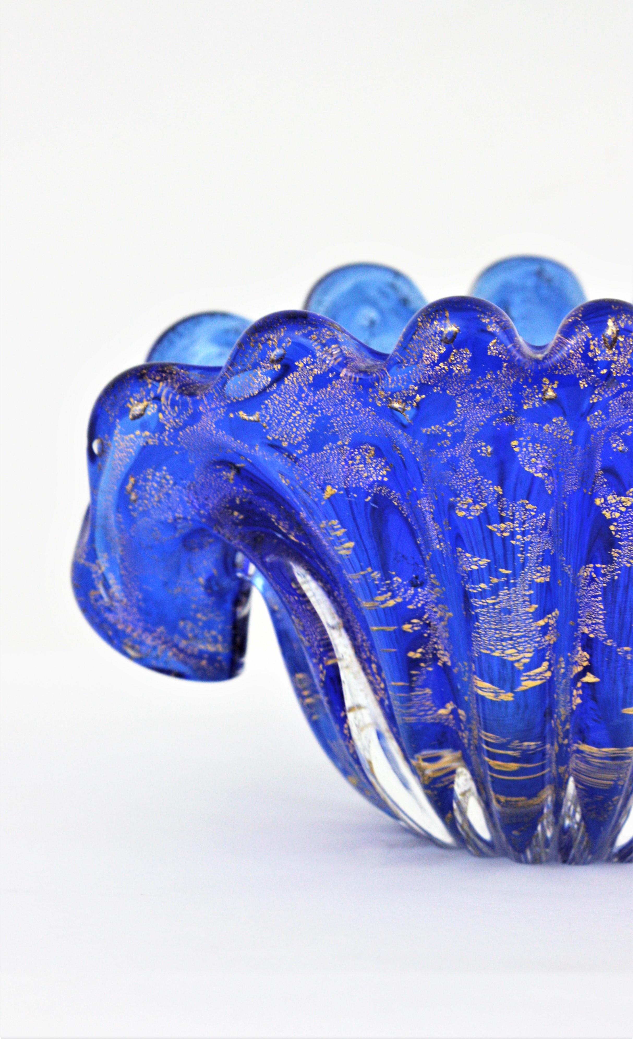 Archimede Seguso Murano Blue Gold Flecks Art Glass Large Clam Shell Bowl For Sale 7