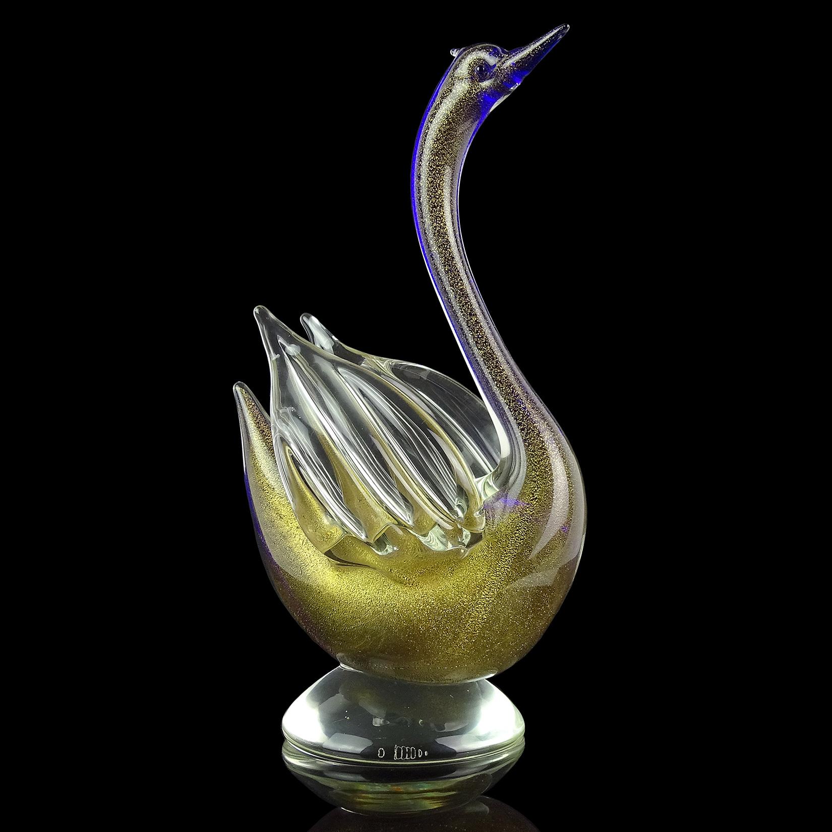 Beautiful vintage Murano hand blown, rich cobalt blue and gold leaf Italian art glass swan bird sculpture. Documented to designer Archimede Seguso, and signed 
