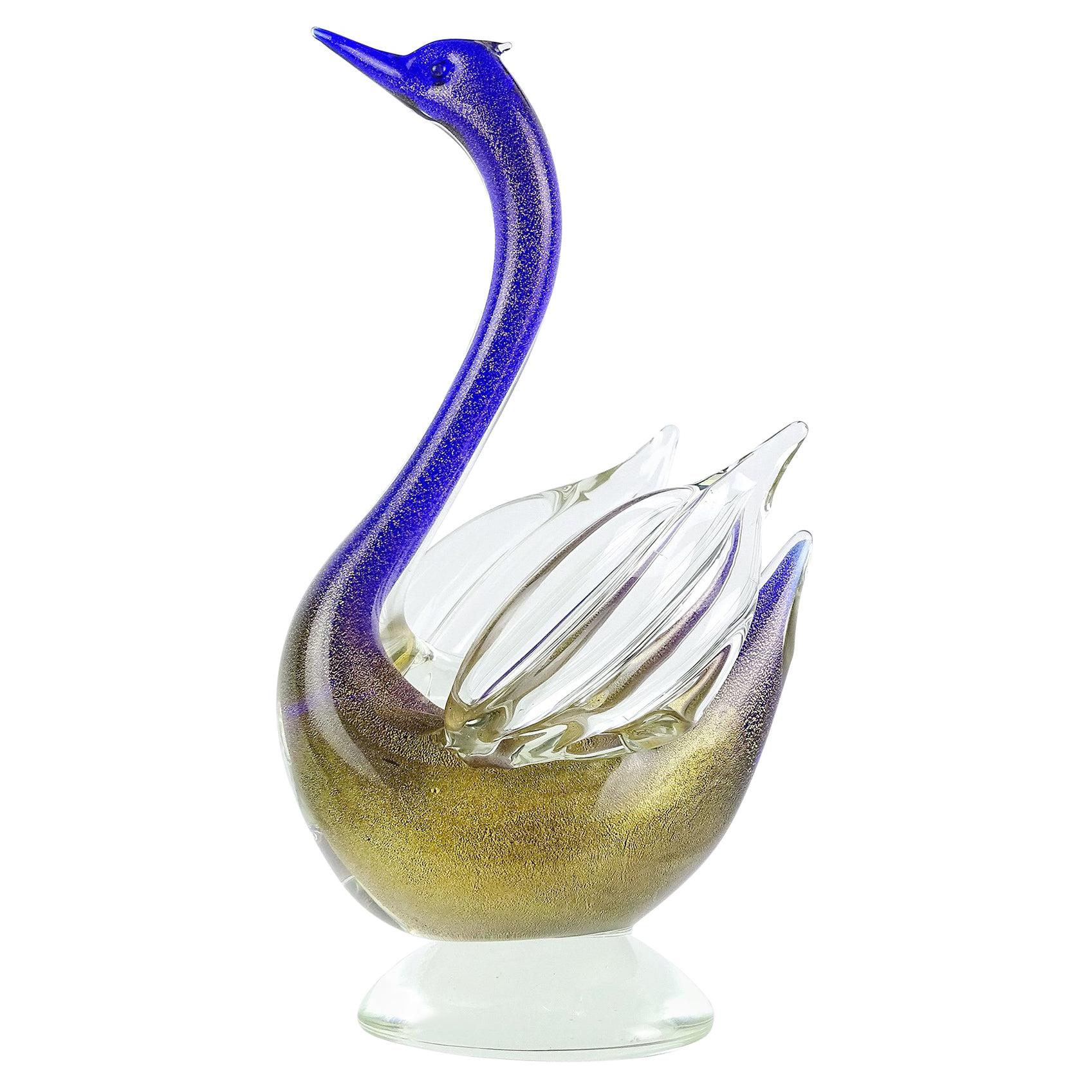 Archimede Seguso Murano Blue Gold Flecks Italian Art Glass Swan Bird Sculpture