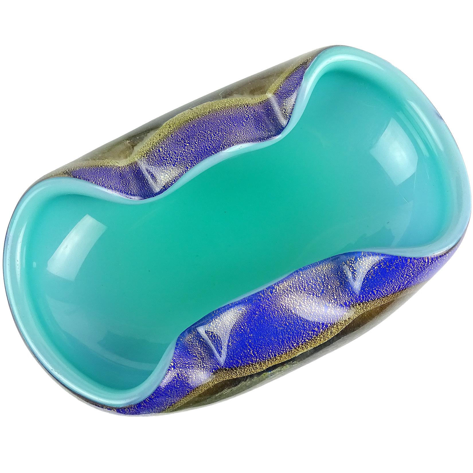 Priced per item. Beautiful Murano hand blown cobalt blue with aqua, and green with pink Italian art glass decorative bowls. Documented to designer Archimede Seguso, in the 