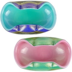 Archimede Seguso Murano Blue Green Pink Gold Flecks Italian Art Glass Bowls