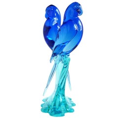 Archimede Seguso Scultura in vetro artistico italiano blu di Murano con doppio pappagallo