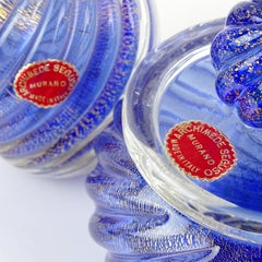 Archimede Seguso Murano Blue Italian Art Glass Powder Box Perfumes Vanity Set