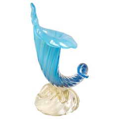 Vintage Archimede Seguso Murano Blue Opal Gold Flecks Italian Art Glass Flower Vase