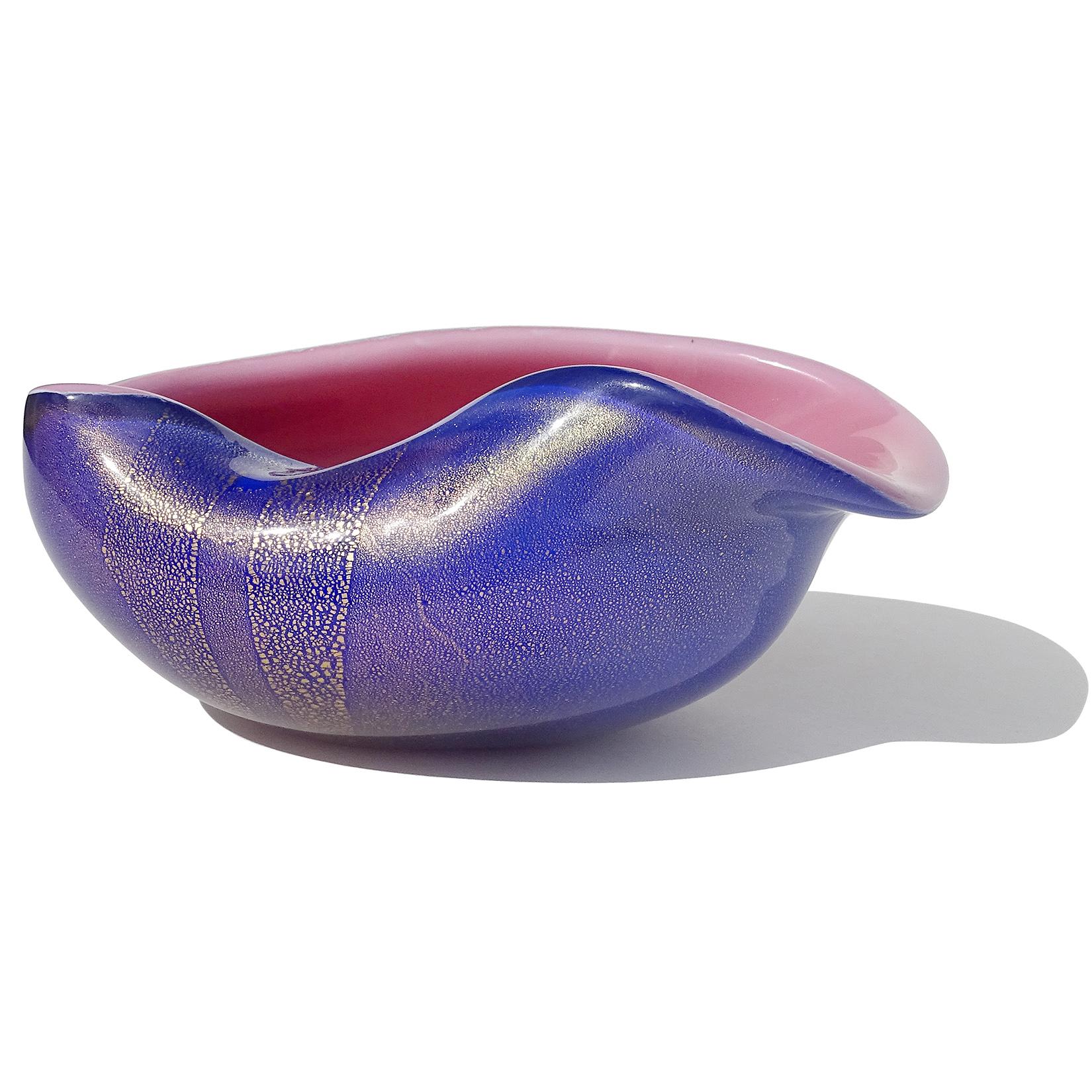Beautiful vintage Murano hand blown cobalt blue over bright pink, and gold flecks, Italian art glass decorative bowl. Documented to designer Archimede Seguso, in the 