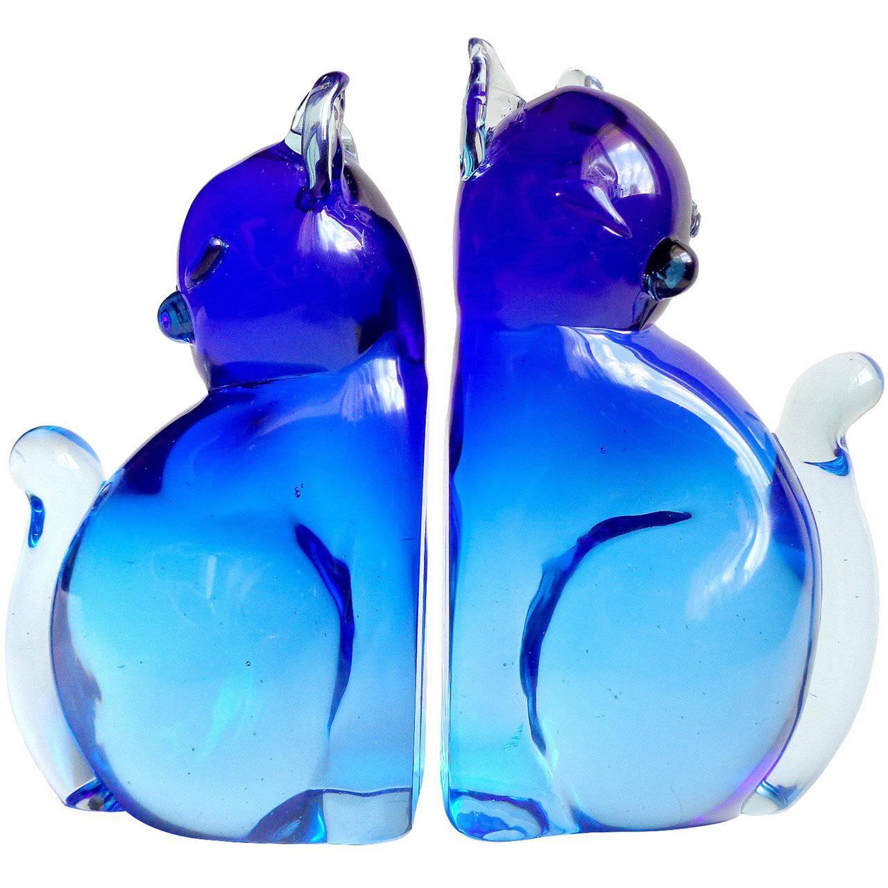 Archimede Seguso Murano Blue Sommerso Italian Art Glass Cat Figural Bookends