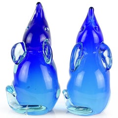Archimede Seguso Murano Blue Sommerso Italian Art Glass Mouse Figural Bookends