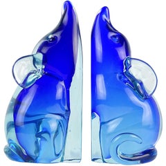 Archimede Seguso Murano Blue Sommerso Italian Art Glass Mouse Figural Bookends