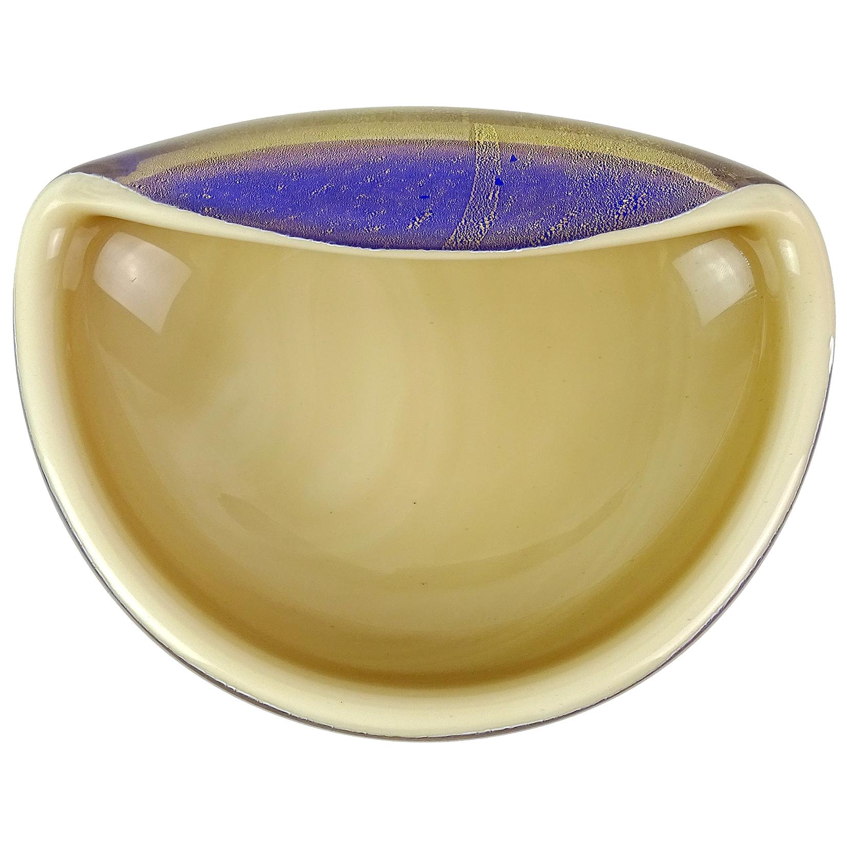 Archimede Seguso Murano Blue Tan Gold Flecks Italian Art Glass Decorative Bowl