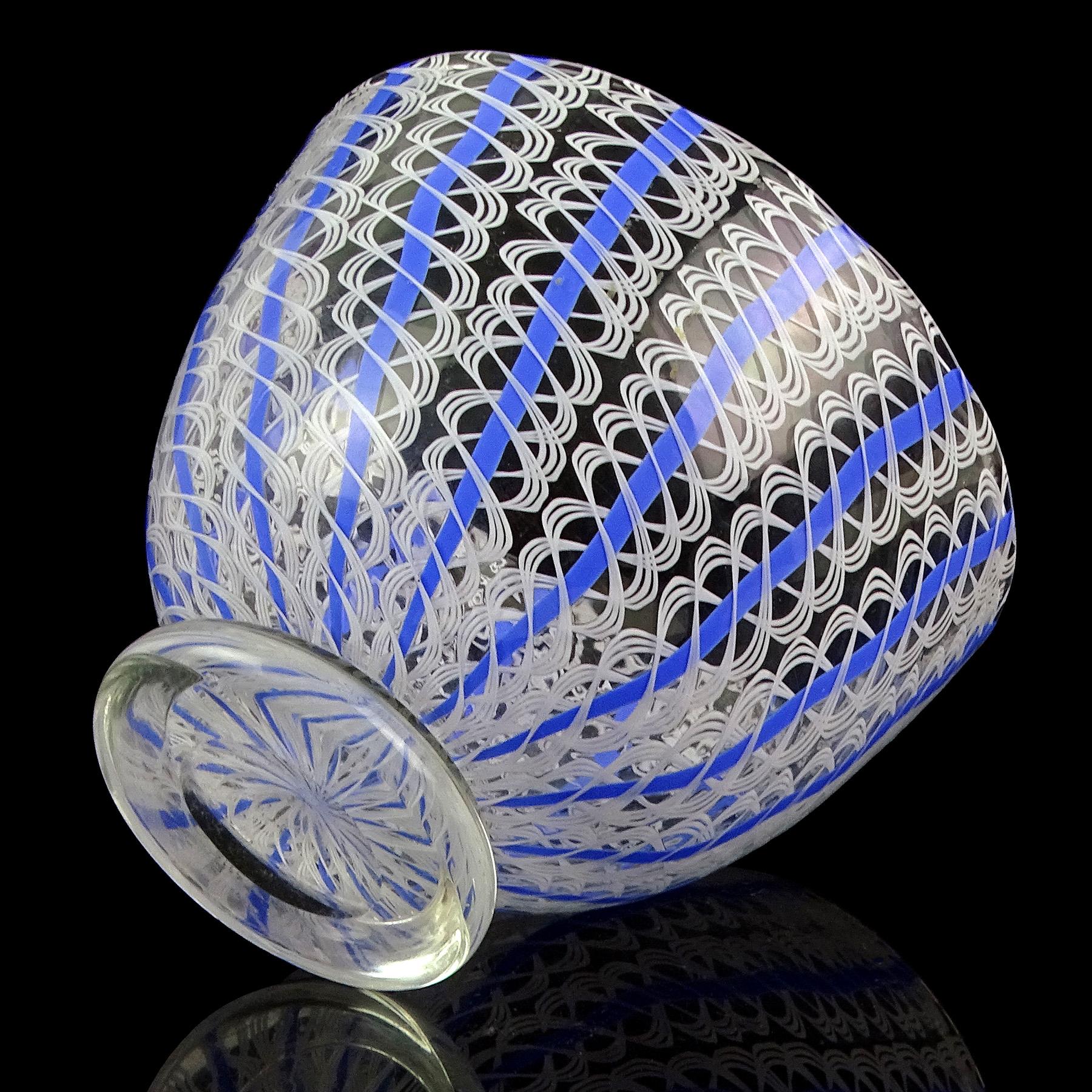 20th Century Archimede Seguso Murano Blue White Zanfirico Ribbons Italian Art Glass Bowl Dish For Sale