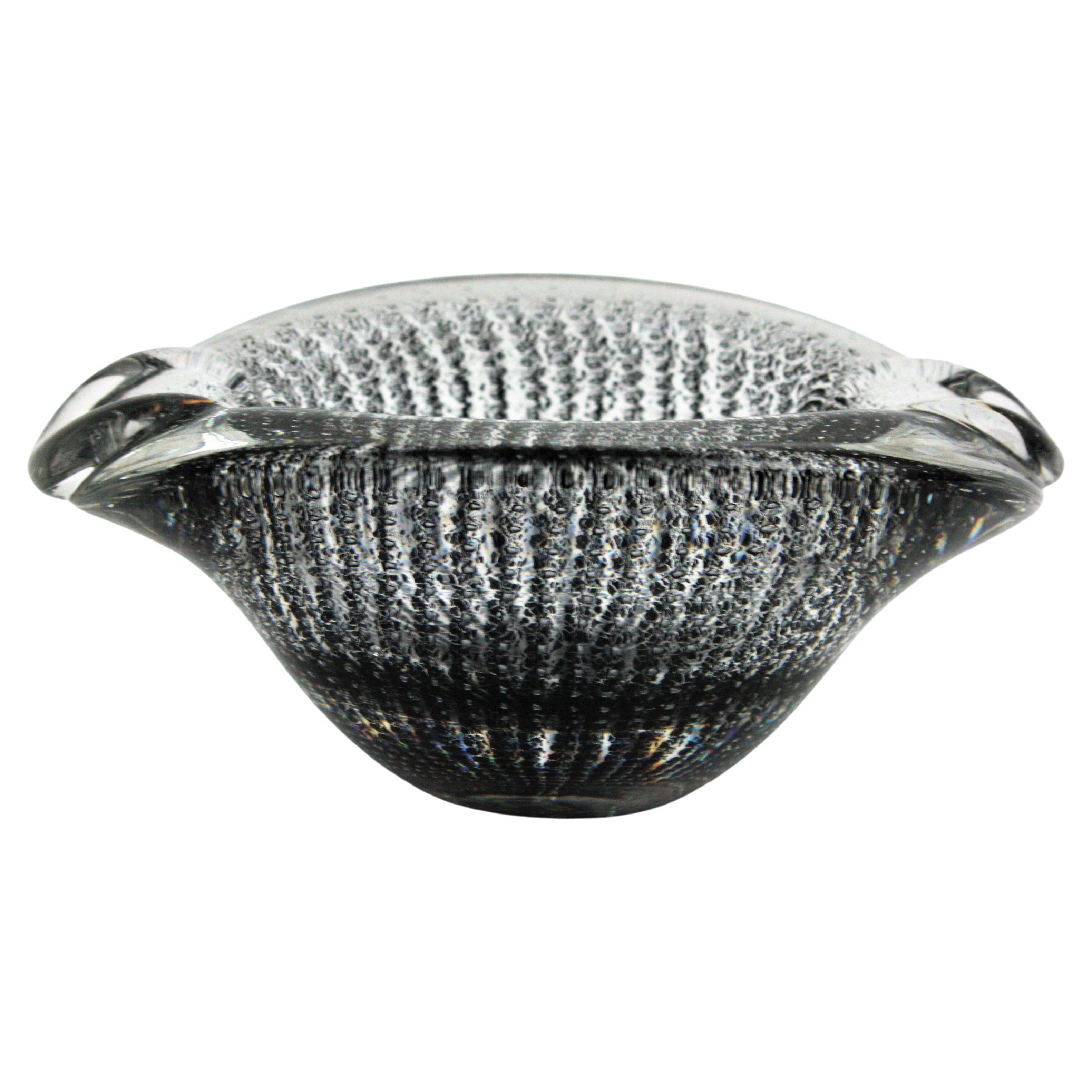 Archimede Seguso Murano Bullicante Black and Clear Art Glass Bowl / Ashtray