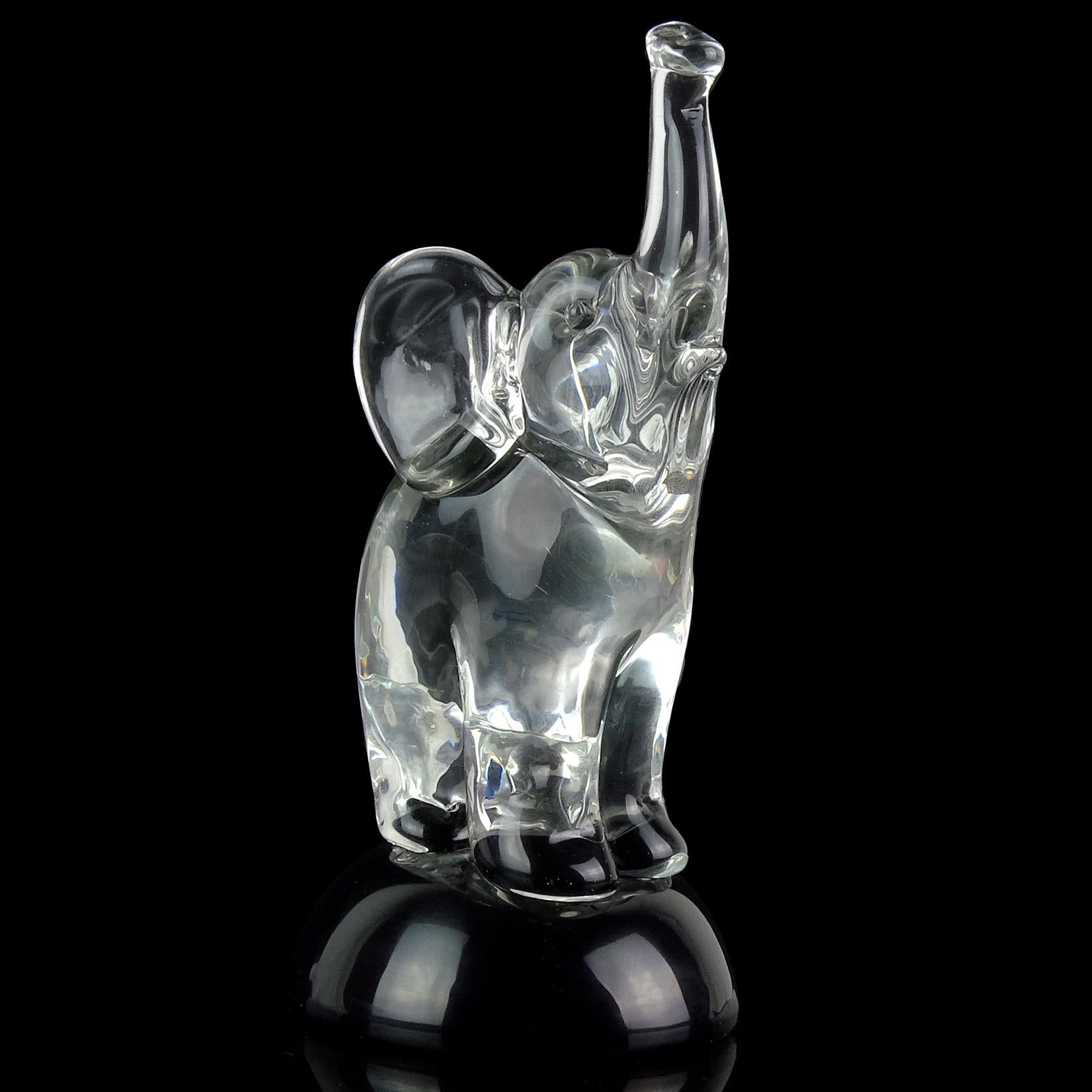 Hand-Crafted Archimede Seguso Murano Clear Black Base Italian Art Glass Elephant Sculpture