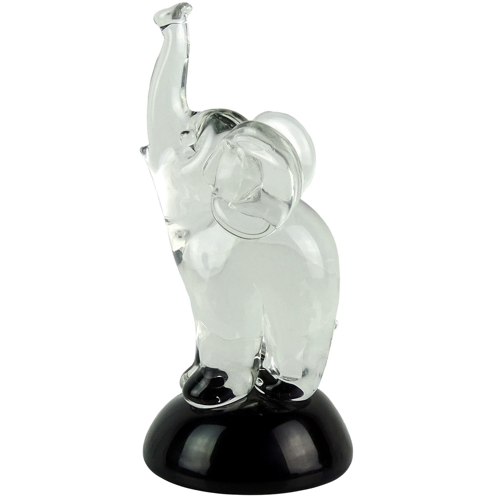 Archimede Seguso Murano Clear Black Base Italian Art Glass Elephant Sculpture