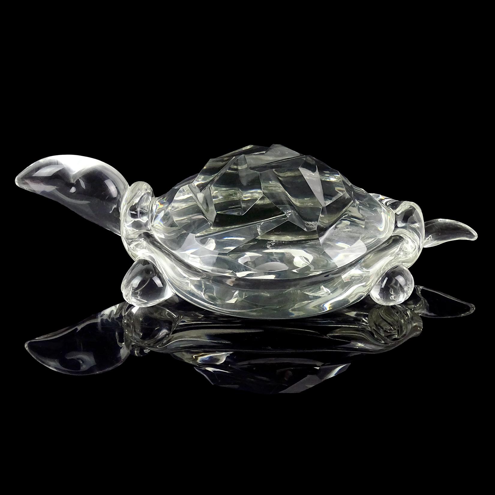 Beautiful vintage Murano hand blown crystal clear, faceted shell, Italian art glass turtle sculpture. Documented to designer Archimede Seguso, and signed 
