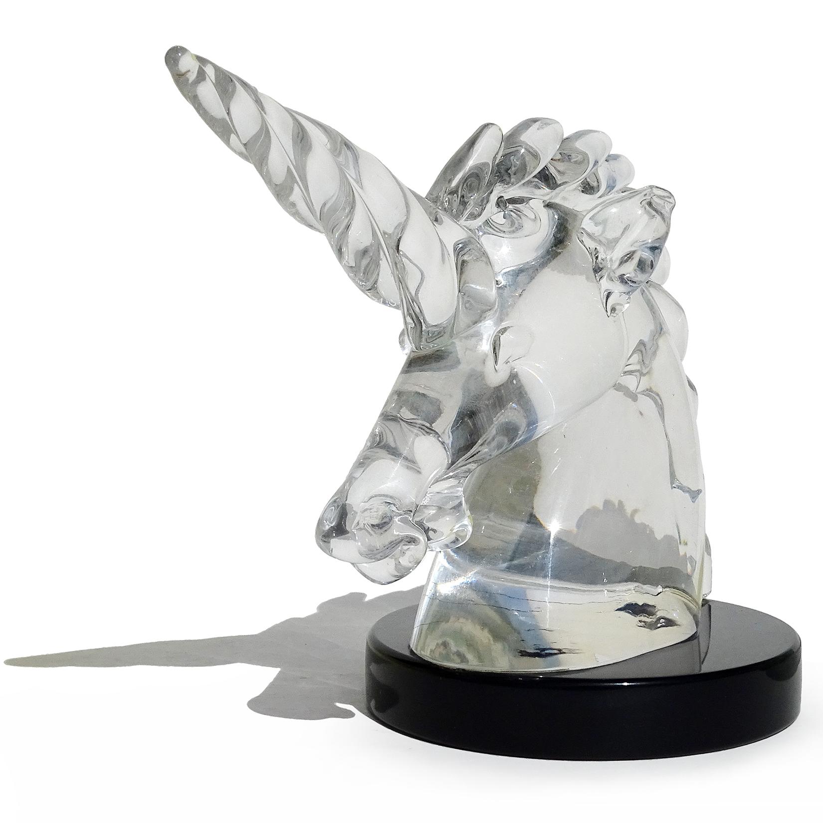 Beautiful vintage Murano handblown crystal clear Italian art glass unicorn head sculpture on black base. Documented to designer Archimede Seguso, with original label still attached. It reads 