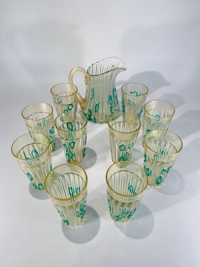 Incroyable ensemble de jarres et 10 tasses hautes en verre de Murano Archimede Seguso de la série 