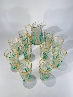 Archimede Seguso Murano glass "Ad Agnelli" with gold 1950 set Jar and 6 cups.