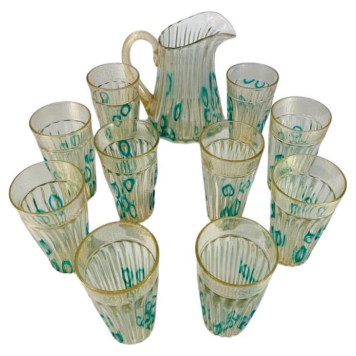 Archimede Seguso Murano glass "Ad Agnelli" with gold 1950 set Jar and 10 cups.