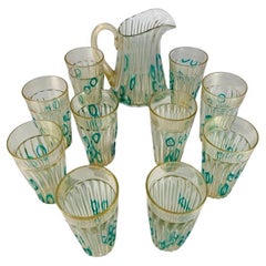 Retro Archimede Seguso Murano glass "Ad Agnelli" with gold 1950 set Jar and 10 cups.