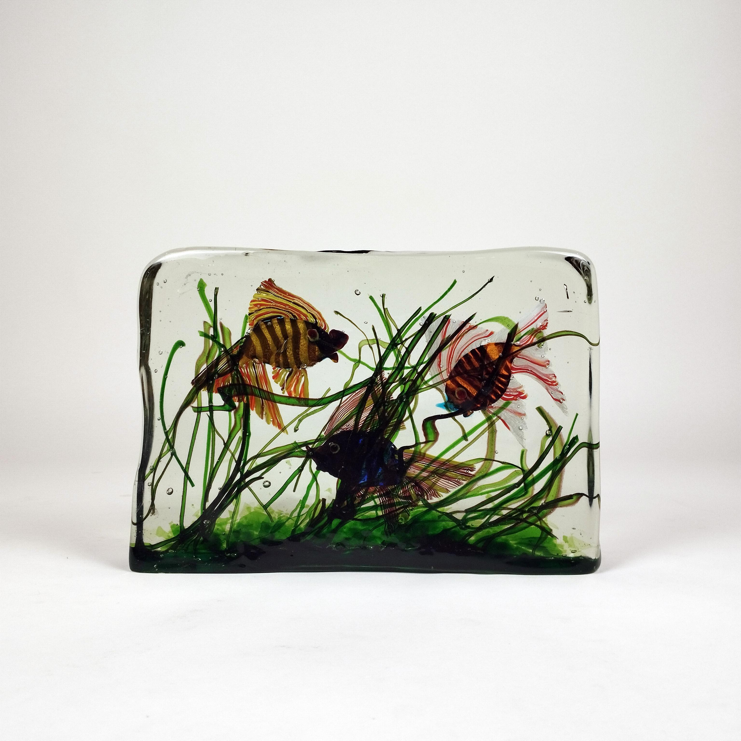 An Italian 1950's Murano glass aquarium sculpture by Archimede Seguso. The block of clear Murano glass shows three colorful goldfish swimming around seaweed.
