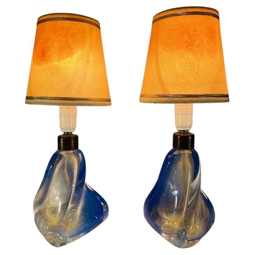 Archimede Seguso Murano glass blue and gold 1950 "sfumato oro" table lamp pair.