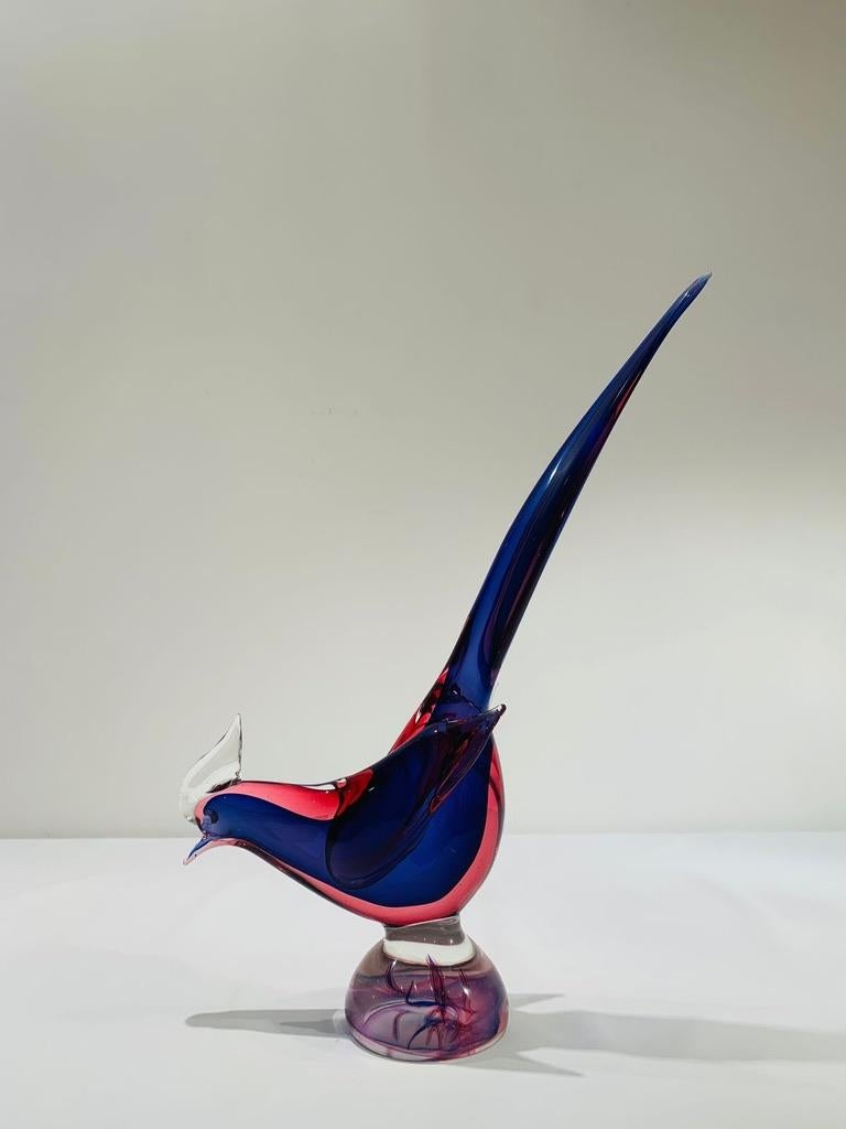 Archimede Seguso Murano glass 'Blue e Rosso' circa 1950 pair of pheasants. For Sale 3
