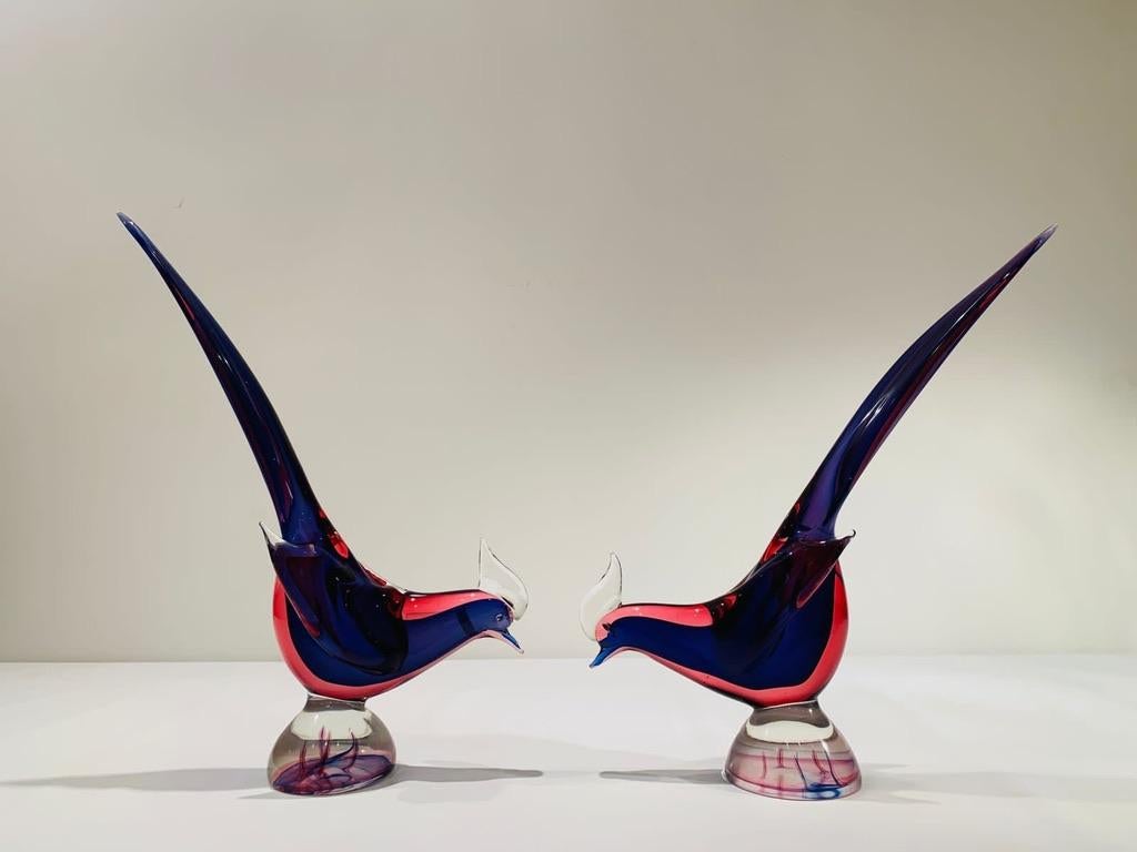 Murano Glass Archimede Seguso Murano glass 'Blue e Rosso' circa 1950 pair of pheasants. For Sale