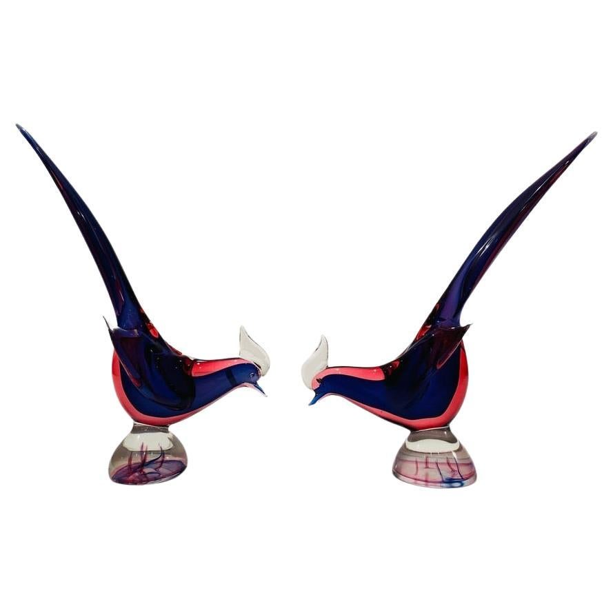 Archimede Seguso Murano glass 'Blue e Rosso' circa 1950 pair of pheasants. For Sale