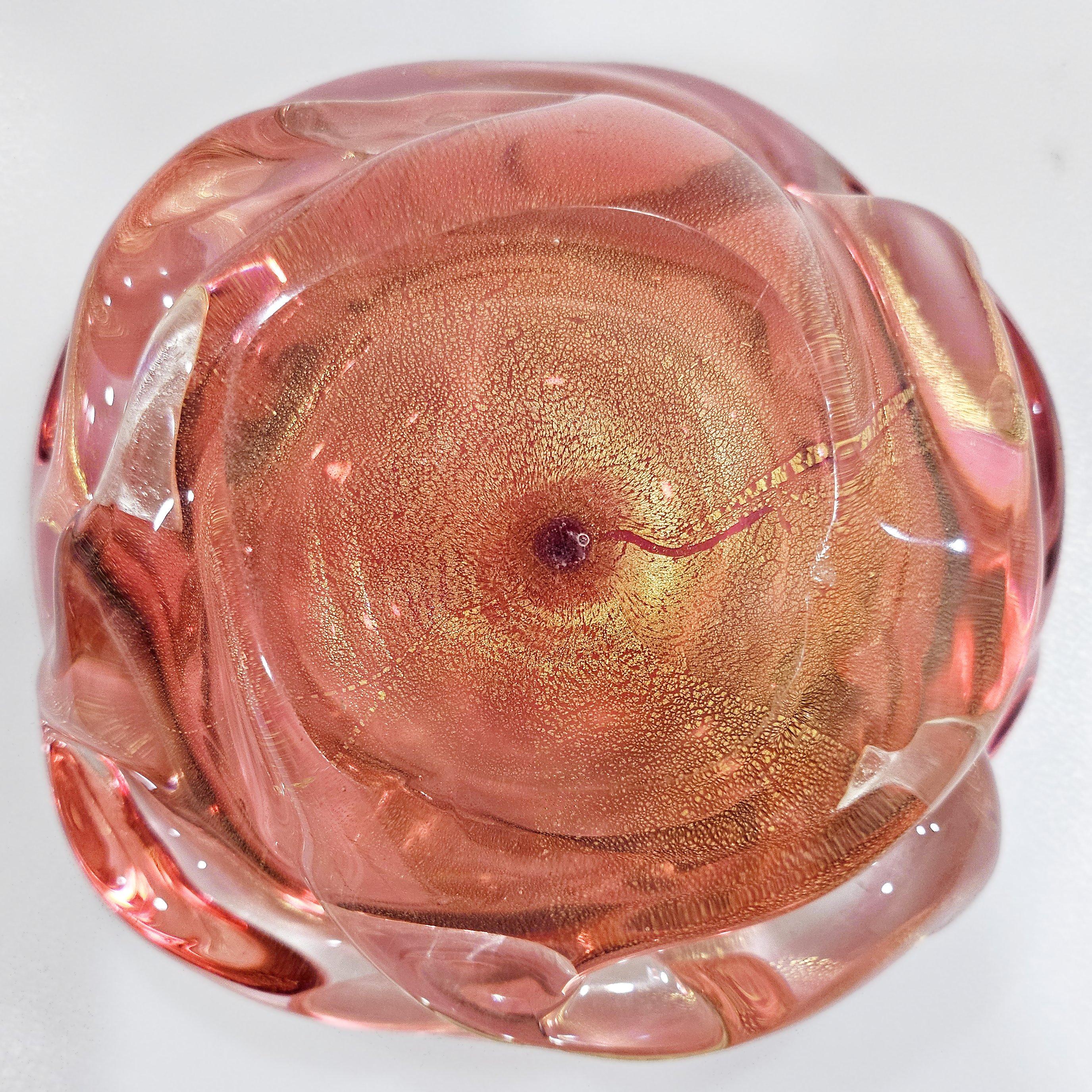 Mid-Century Modern Archimede Seguso Murano Glass Bowl, A Bugne, Transparent Red with Gold Polveri
