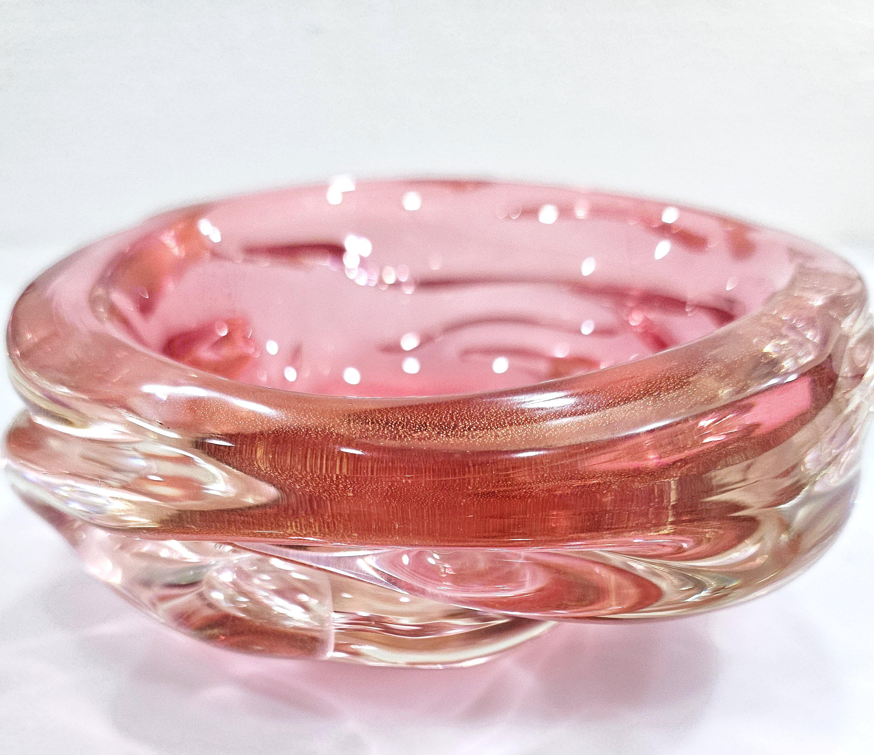 Other Archimede Seguso Murano Glass Bowl, A Bugne, Transparent Red with Gold Polveri