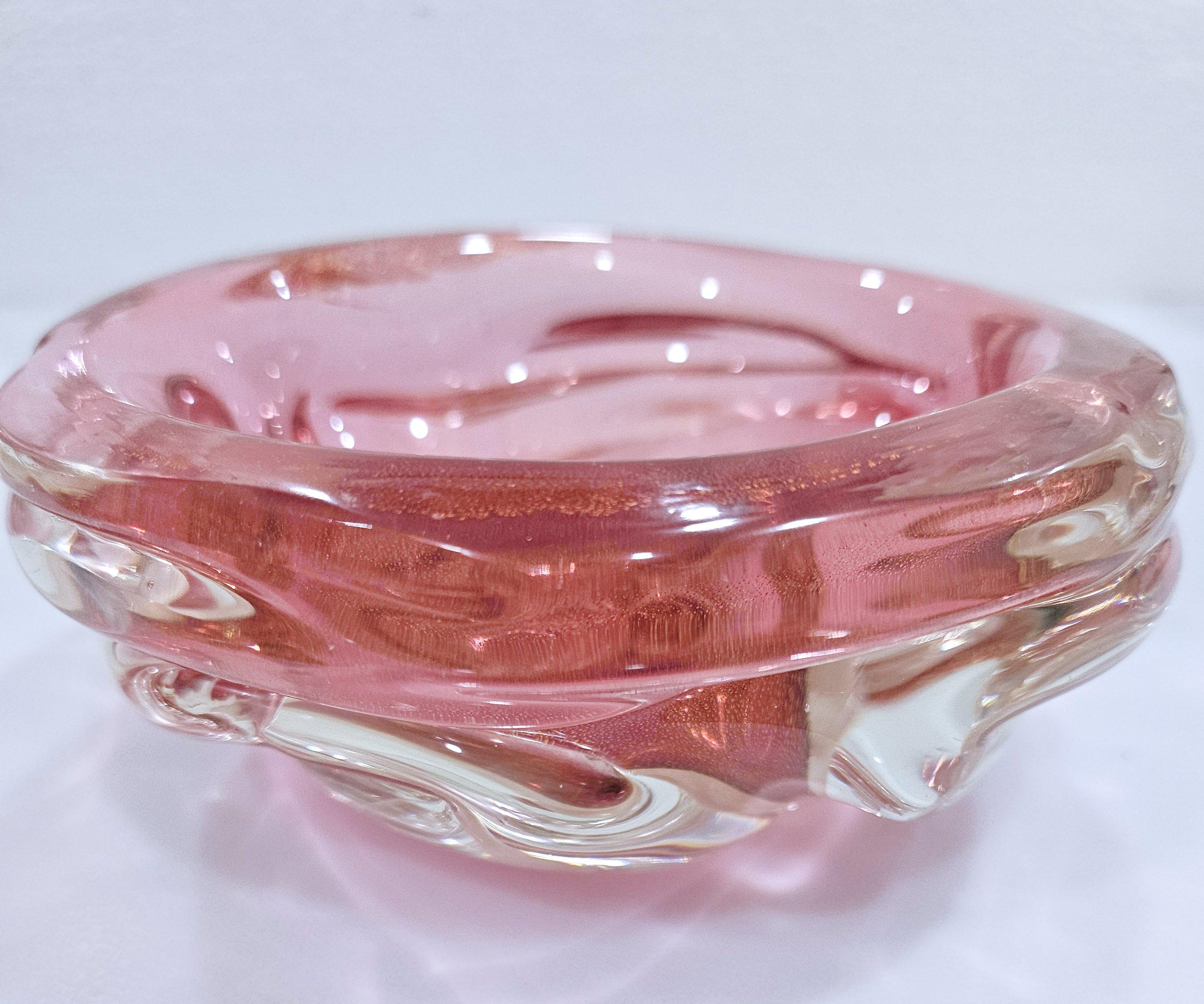 20th Century Archimede Seguso Murano Glass Bowl, A Bugne, Transparent Red with Gold Polveri