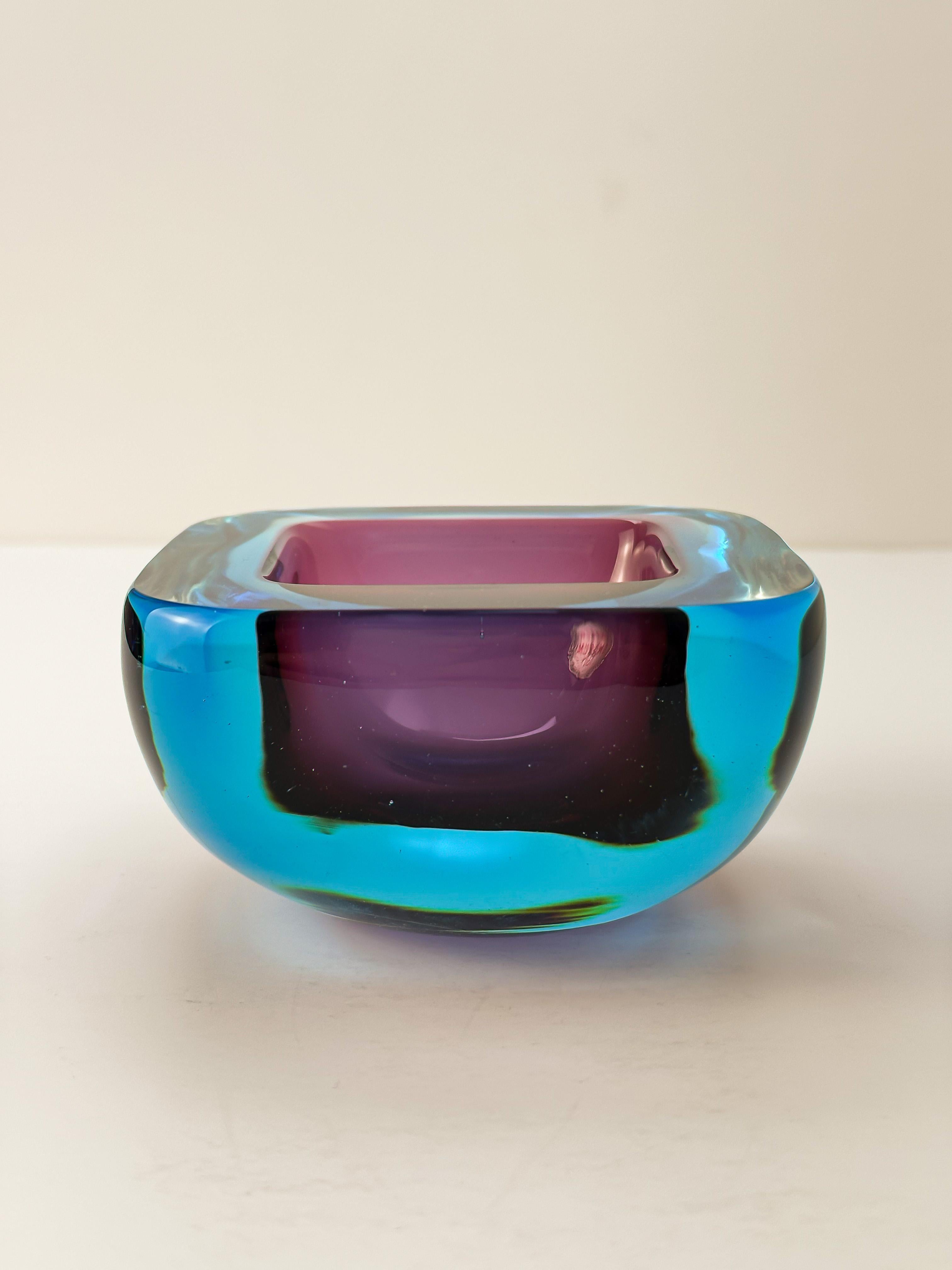 Mid-Century Modern Archimede Seguso Murano Glass Bowl Turquoise Purple Sommerso Geode
