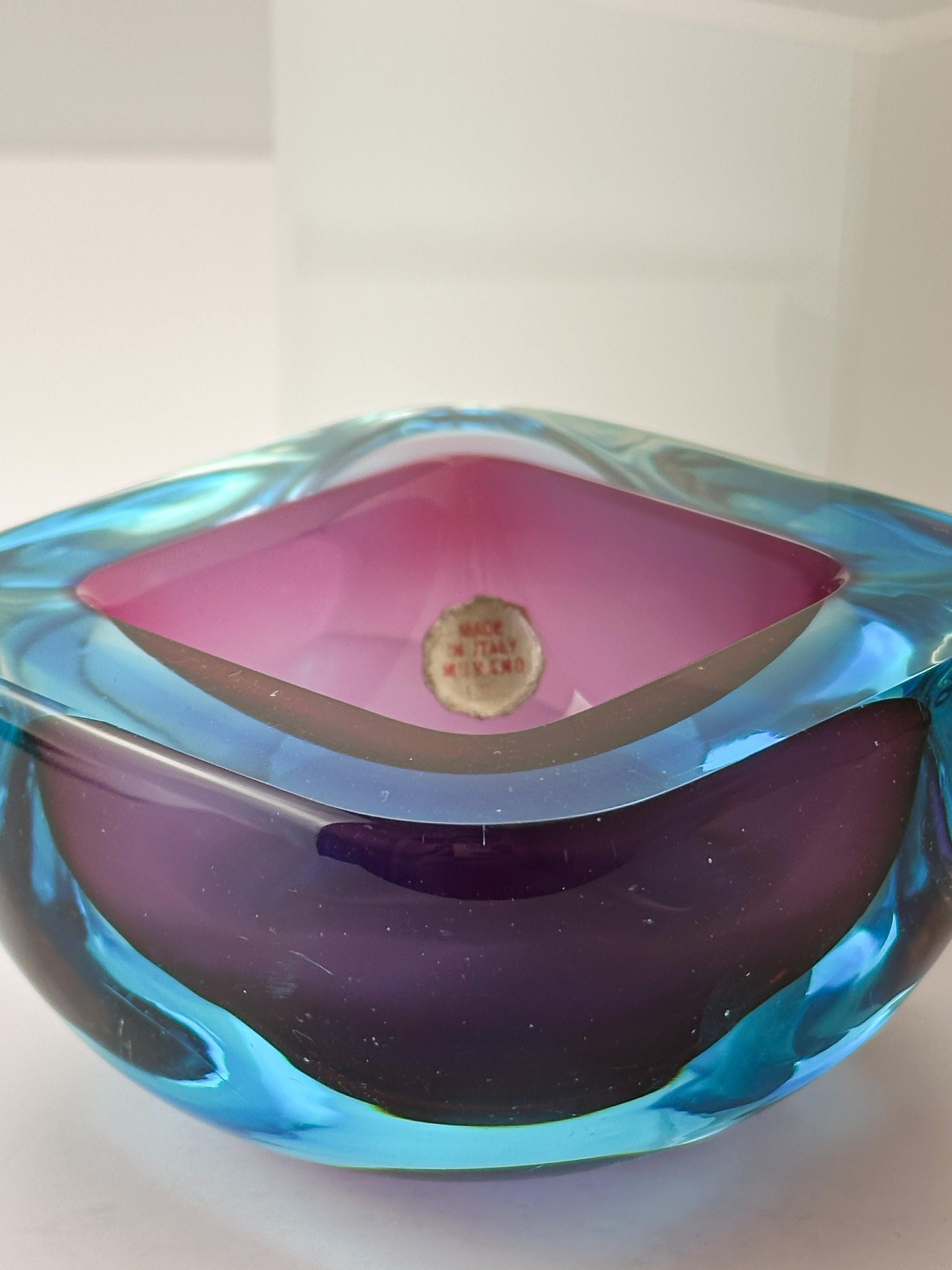 Italian Archimede Seguso Murano Glass Bowl Turquoise Purple Sommerso Geode